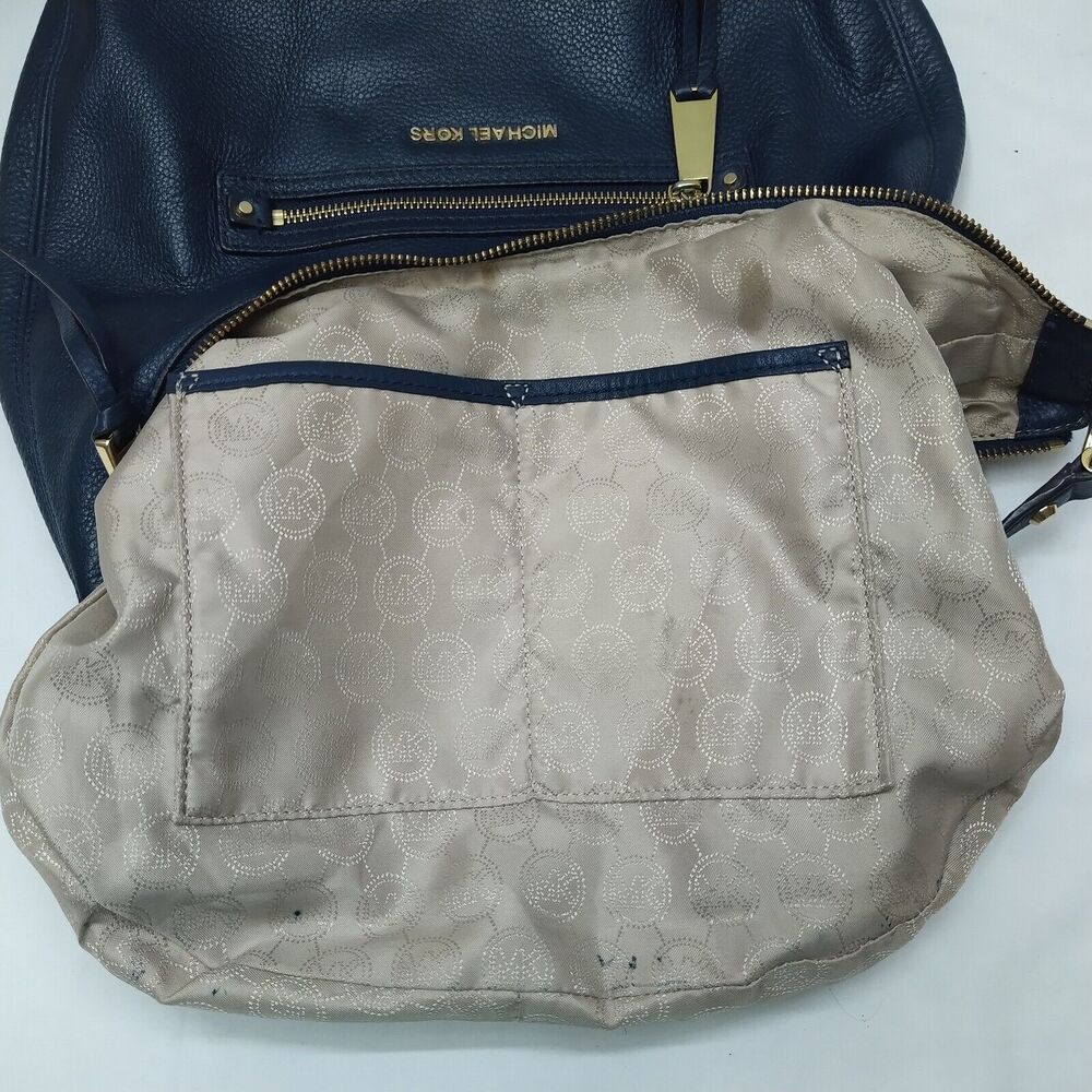 Michael Kors Rhea Blue Pebbled Leather Zipper Pocket Hobo Shoulder Bag - Picture 10 of 16